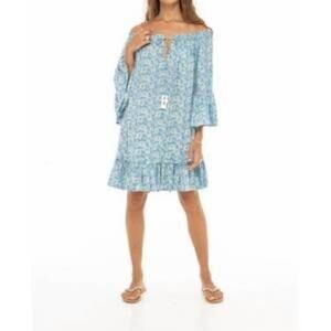 Skemo Margarita Tulum Dress In Floral Blue Off-Shoulder Size XS